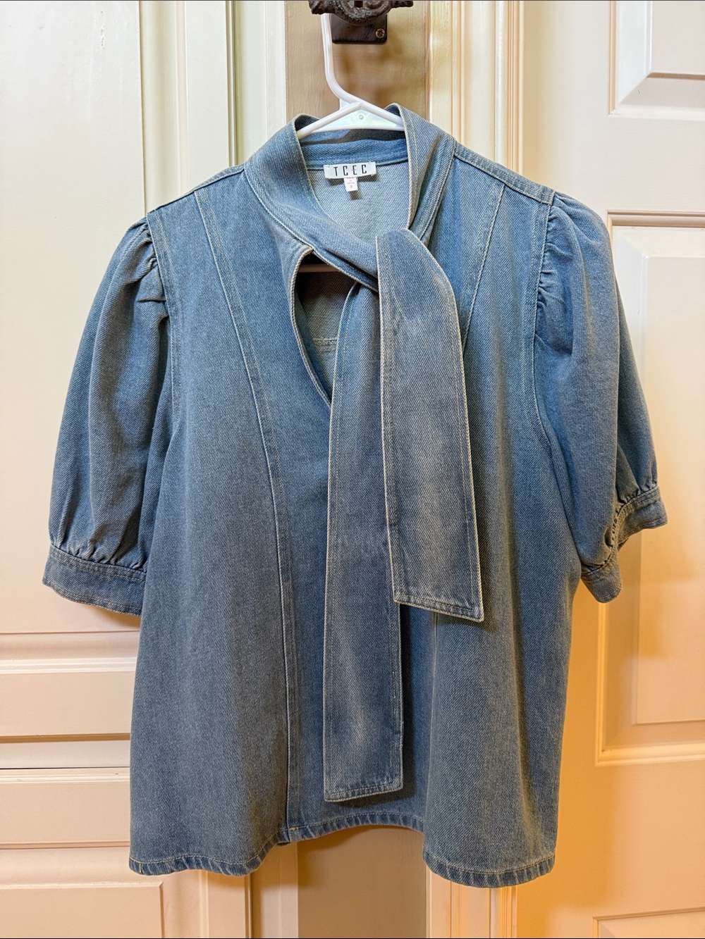 TCEC Light Blue Denim Tie-Neck Puff Sleeve Top